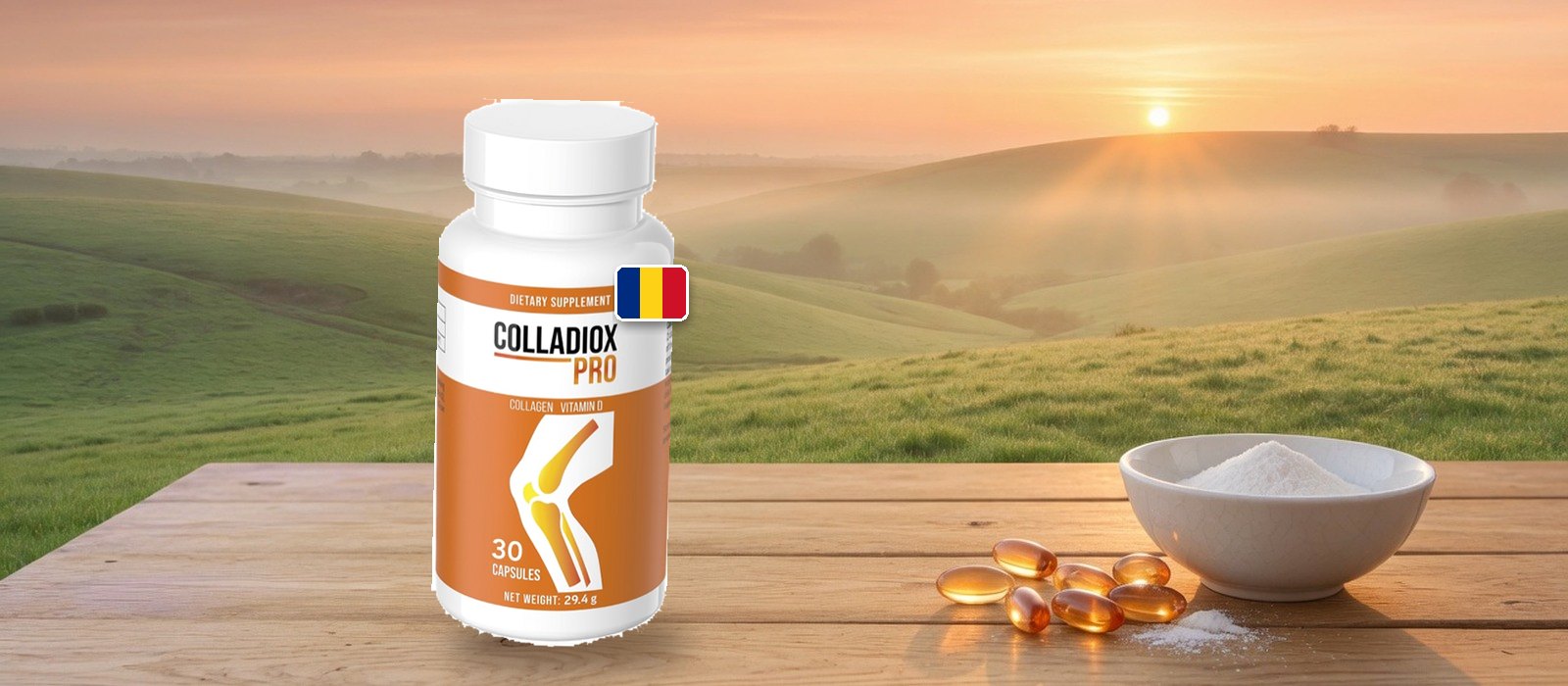 Flacon Colladiox Pro la răsărit pe un blat de lemn, lângă capsule
